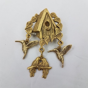 Bird House Pin Brooch Gold Tone Hummingbird‎ Dangle